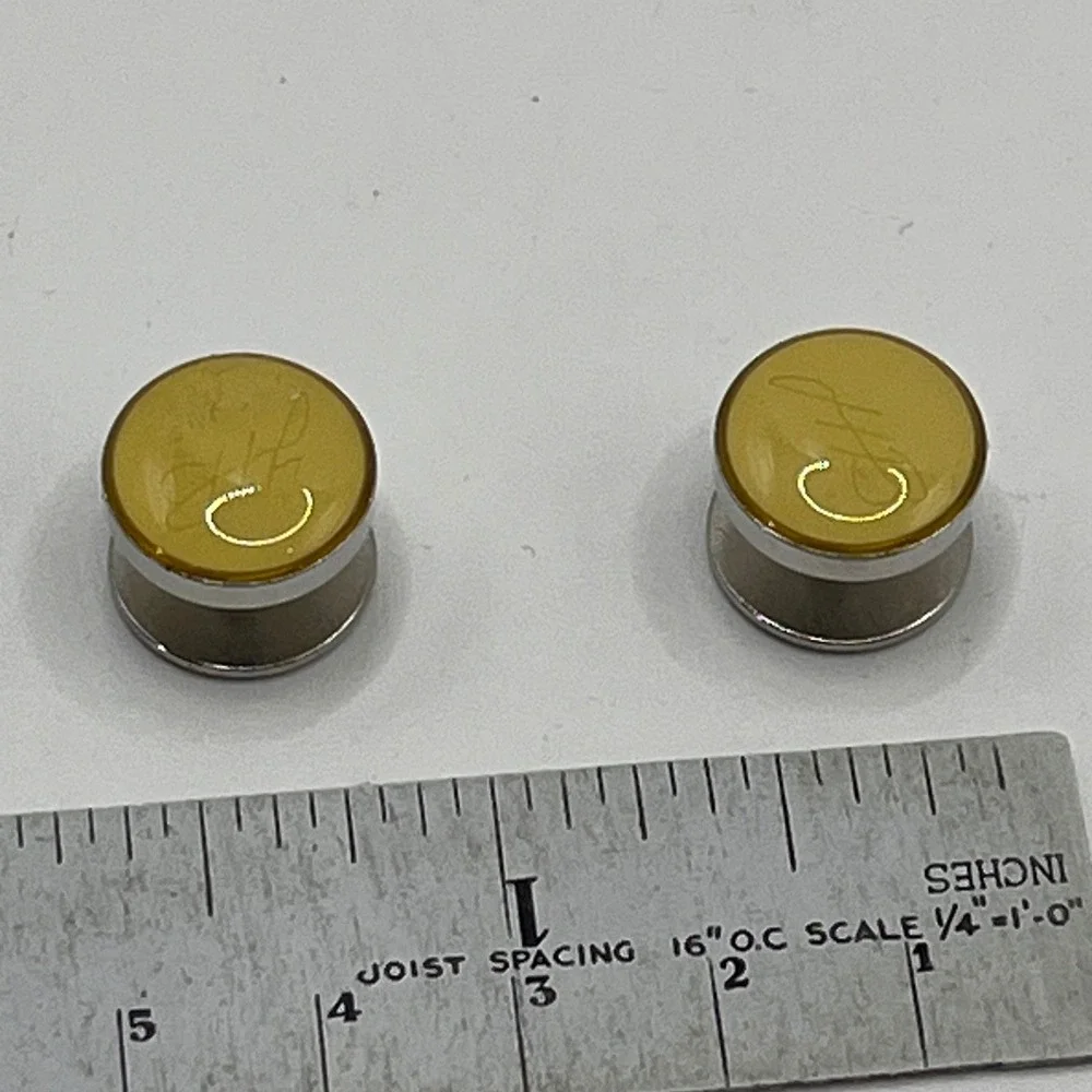 Mens Silver Tone Cufflinks Yellow Enamel Engraved Formal Dress‎